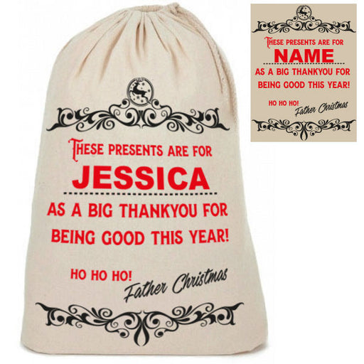 Personalised Cotton "Thankyou for Being Good" Santa Christmas Present Sacks Sack