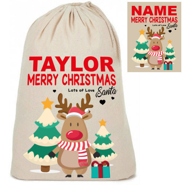 Personalised Cotton Cute Reindeer Design Santa Christmas Present Sacks Sack