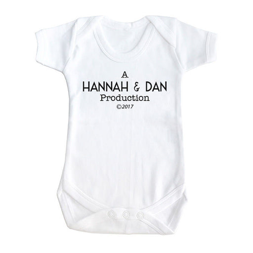 Personalised parent name baby film style production funny slogan baby grow vest
