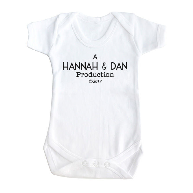 Personalised parent name baby film style production funny slogan baby grow vest