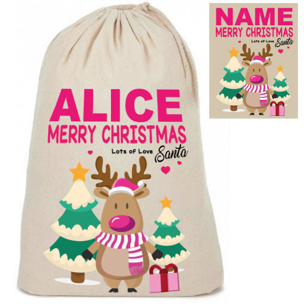 Personalised Cotton Cute Reindeer Design Santa Christmas Present Sacks Sack