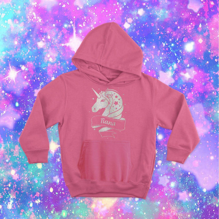Childrens Personalised Unicorn name White Glitter Hoodie birthday gift present