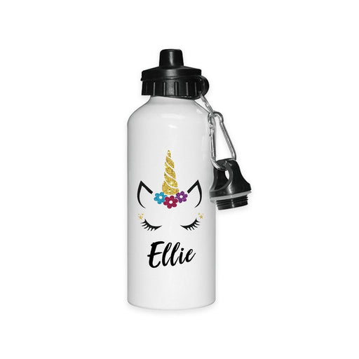 Personalised Glitter Unicorn Face Waterbottle - Cute Adorable - School Kids