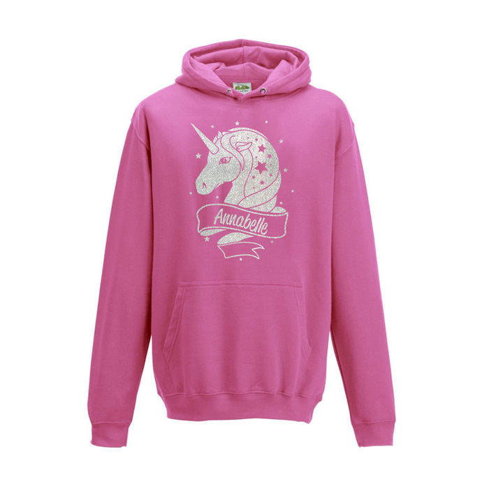 Childrens Personalised Unicorn name White Glitter Hoodie birthday gift present