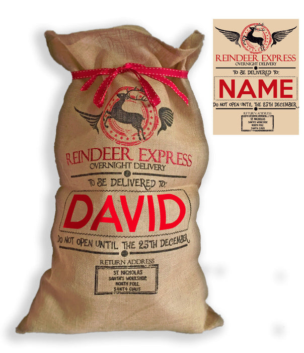 XL Personalised Hessian "Reindeer Express " Santa Christmas Present Sack