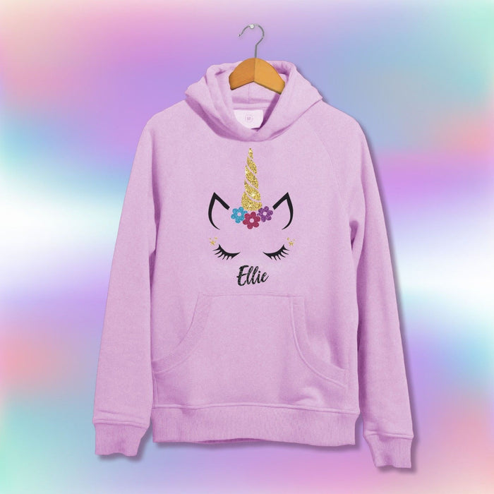 Personalised Glitter Unicorn Face Hoodie - Cute Adorable - Kids Girls