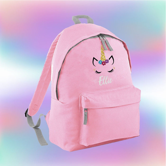 Personalised Glitter Unicorn Face Backpack - Cute Adorable - Kids Girls