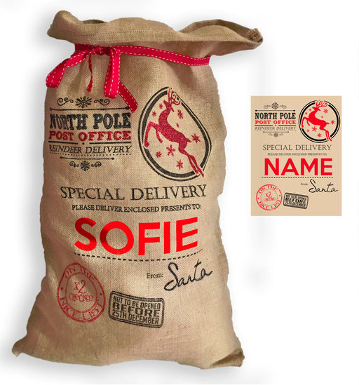 XL Personalised Hessian " North Pole Post Office " Santa Christmas Present Sack