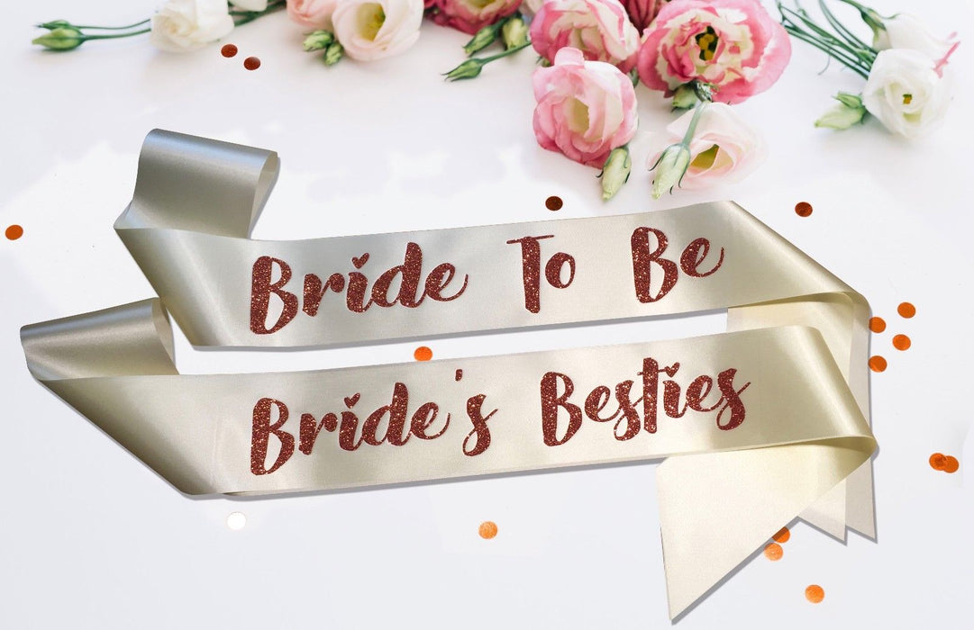 Premium Team Bride's Besties Married Engagement Party Sash Hen Do Copper Glitter