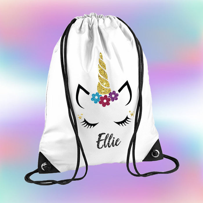 Personalised Glitter Unicorn Face Gymbag - Kids Girls - Cute Glitter Sparkling