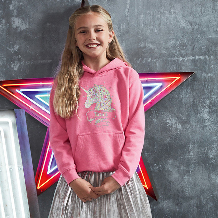 Adults Personalised Unicorn Name White Glitter Birthday Gift Present  Hoodie