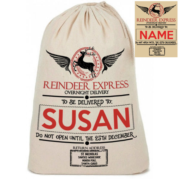 Personalised Cotton Linen " Reindeer Express " Santa Christmas Present Sack