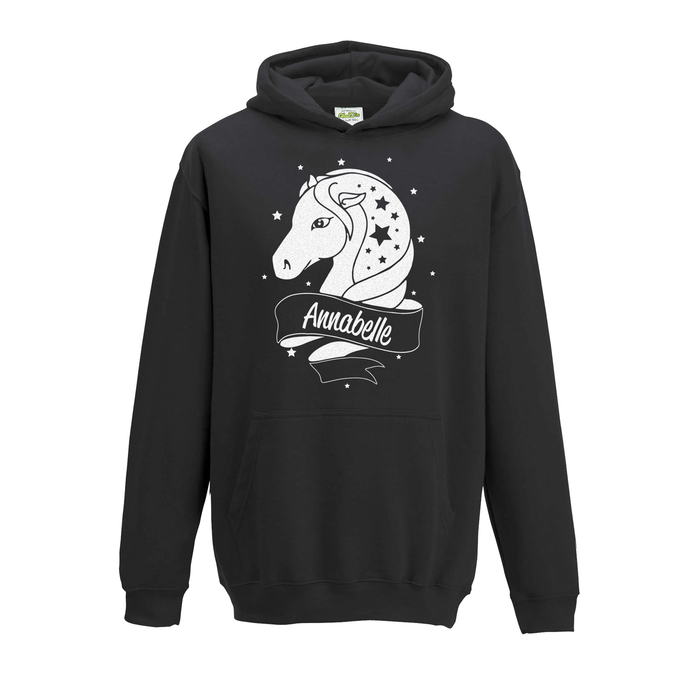 [ Kids ] Personalised Horse White Glitter Hoodie Choose Your Name and Colour