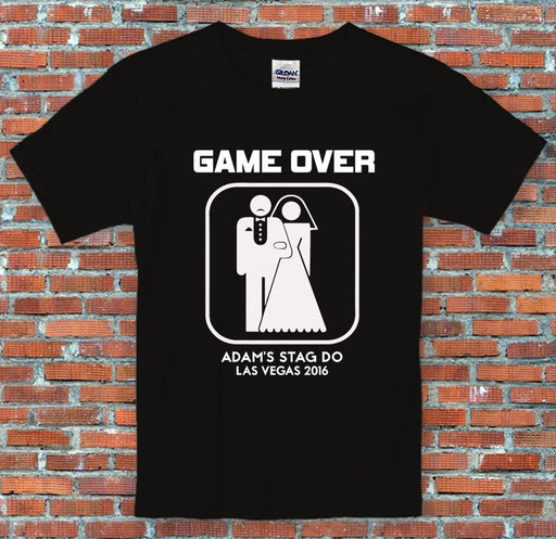 Stag Do Game Over Marriage Personalised Text Funny Sports Black T Shirt S-2XL