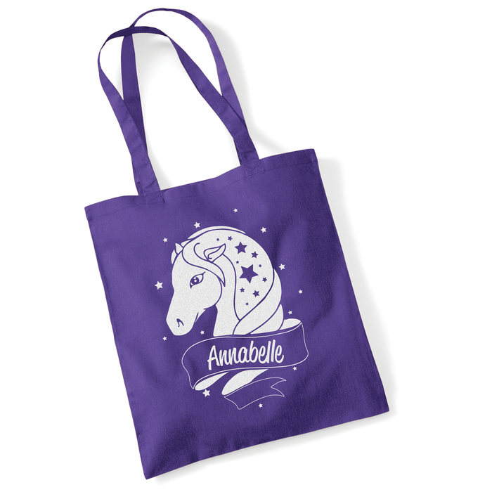 Personalised Horse White Glitter Tote Bag Choose Your Name and Colour
