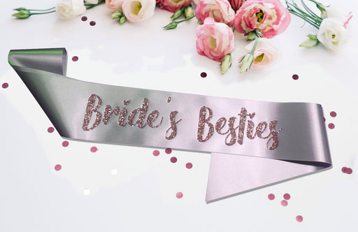 Premium Bride's Besties Satin Married Engagement Party Sash Hen Do Pink Silver