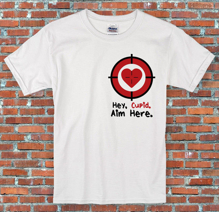 Hey Cupid Aim Here Valentines Funny Humorous Pocket Print Gift T-Shirt S-2XL