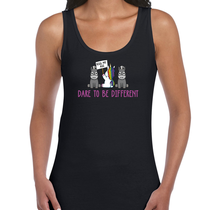 "Dare to be Different" Funny Unicorn illustration motivational printed vest tank