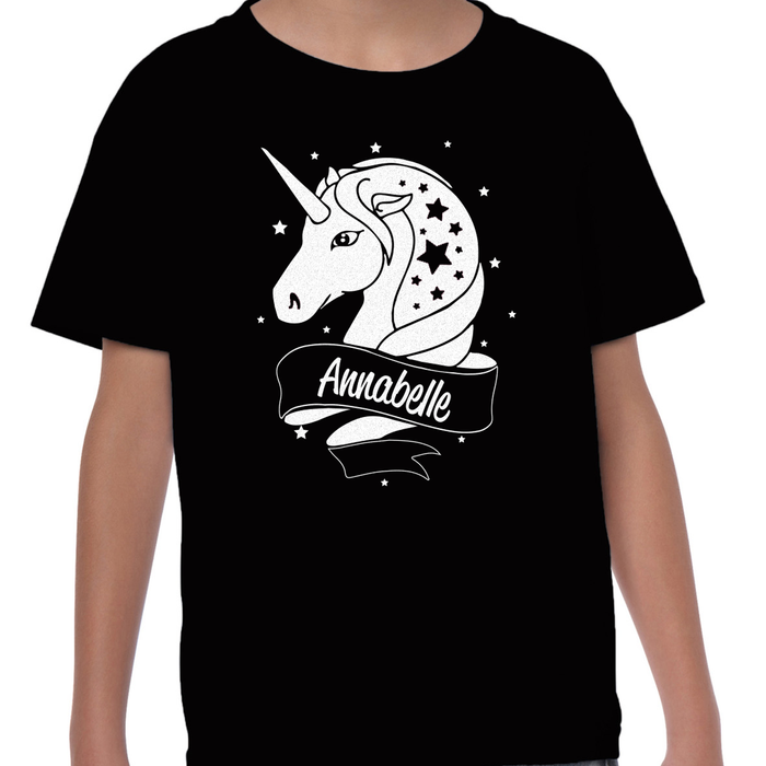 [ Kids ] Personalised Unicorn White Glitter T-shirt Choose Your Name and Colour
