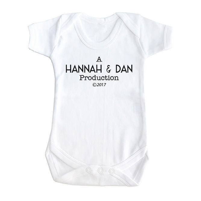 Personalised parent name baby film style production funny slogan baby grow vest