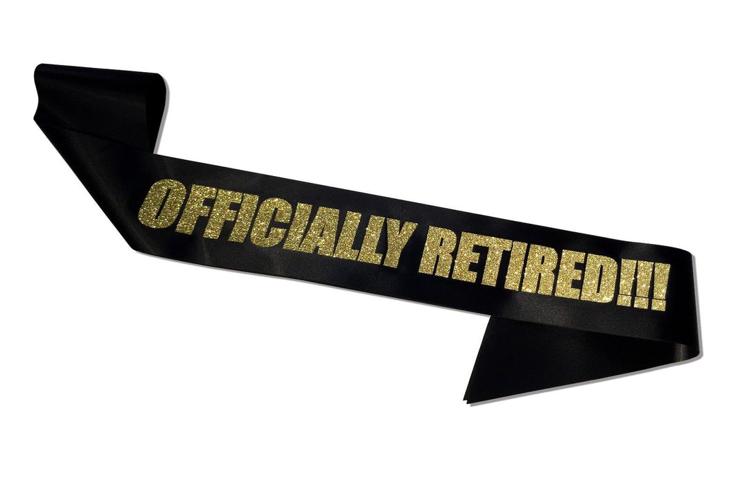 Personal Officially Retired Sash Satin Retirement Party Banner Gold Glitter