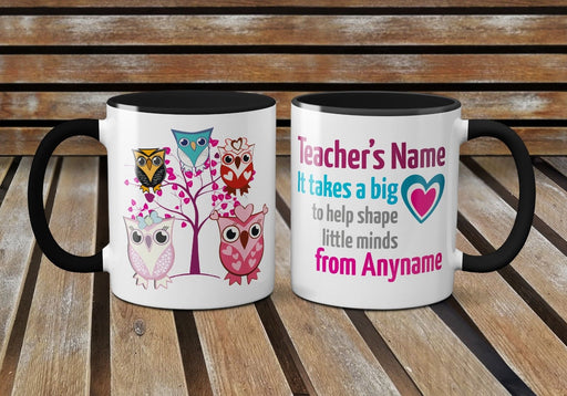 It Takes A Big Heart Cute Owl Tree Personalised School Year Teacher Leaving Mug
