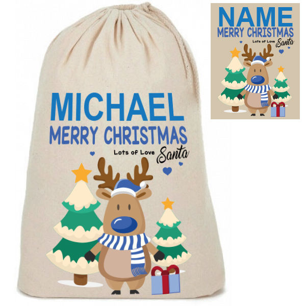 Personalised Cotton Cute Reindeer Design Santa Christmas Present Sacks Sack