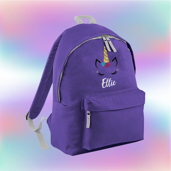 Personalised Glitter Unicorn Face Backpack - Cute Adorable - Kids Girls