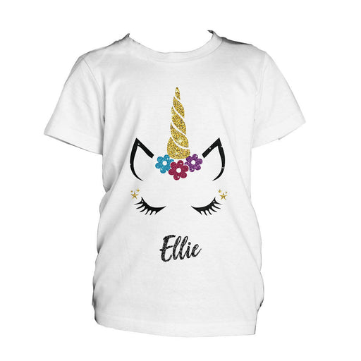 Personalised Glitter Unicorn Face T-Shirt - Cute Adorable - Kids Girls
