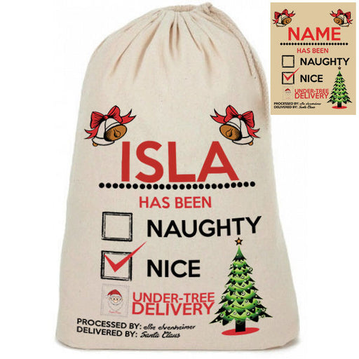 Personalised Cotton Linen " Checked Nice List " Santa Christmas Present Sack
