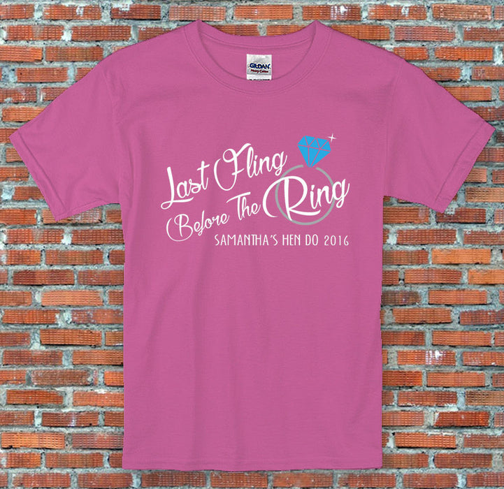 Hen Party Last fling before the Ring Personalised Text Funny White T Shirt S-2XL