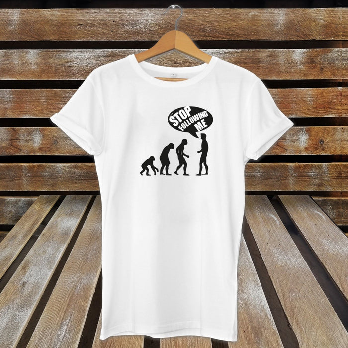 Stop Following Me Nerdy Novelty Charles Darwin Evolution T-Shirt / Top - White
