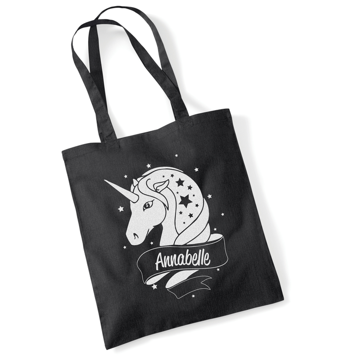 Personalised Unicorn White Glitter Tote Bag Choose Your Name and Colour