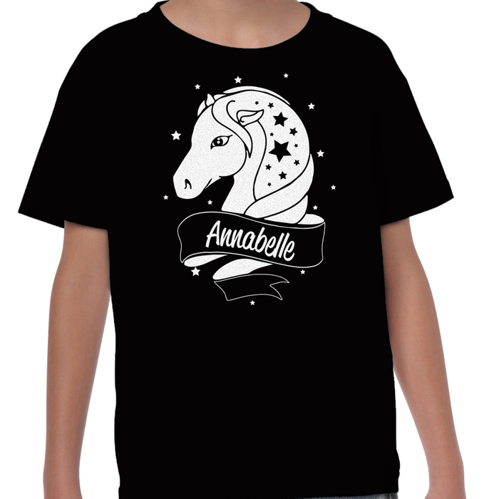 [ Kids ] Personalised Horse White Glitter T-shirt Choose Your Name and Colour