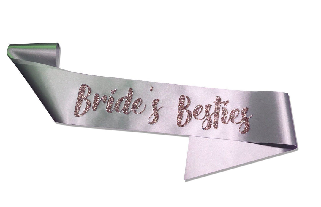 Premium Bride's Besties Satin Married Engagement Party Sash Hen Do Pink Silver
