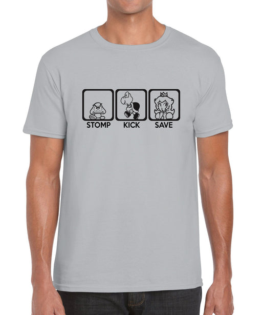 'Stomp, Kick, Save' Super Mario Peach Goomba Koopa Gaming Parody Graphic T Shirt