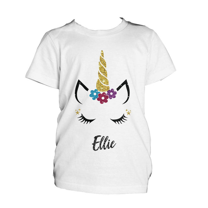 Personalised Glitter Unicorn Face T-Shirt - Cute Adorable - Kids Girls