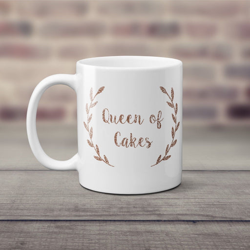Queen of Cakes Mothers Day Baking Cooking Mug Cup Rose Gold Glitter Printed Gift
