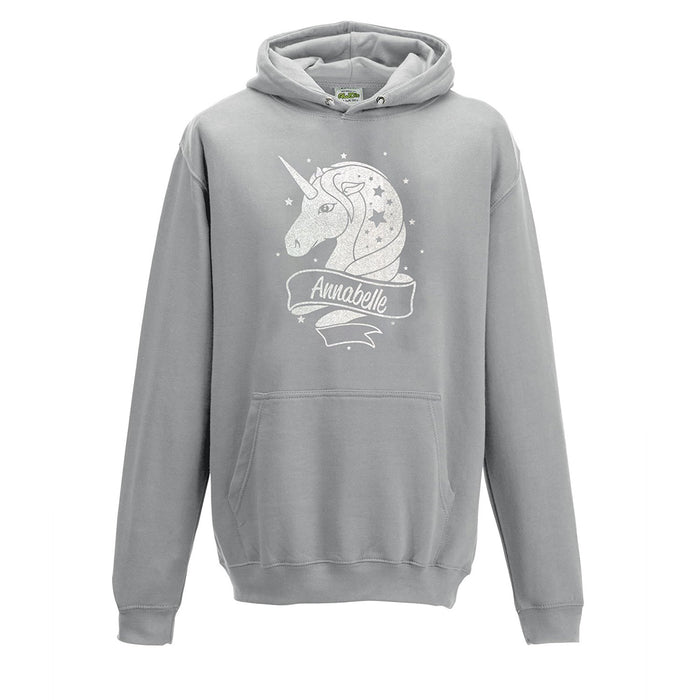 Childrens Personalised Holographic White Glitter Unicorn Hoodie - Pick your colour and add your name!
