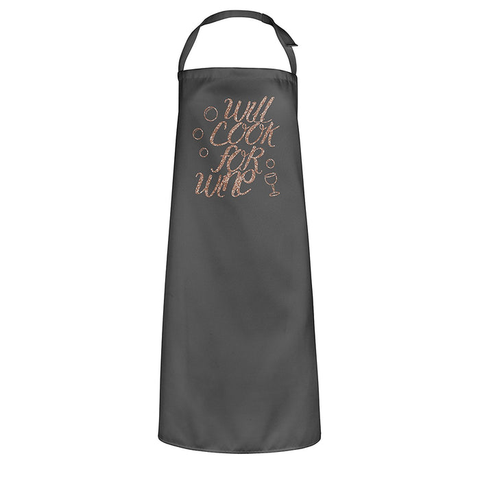 Will Cook For Wine - Funny Quote Rose Gold Glitter Apron - Perfect Gift For Mother's Day